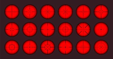 Various weapon thermal infrared sights, sniper rifle optical scopes. Hunting gun viewfinder with crosshair. Aim, shooting mark symbol. Military target sign. Game UI element. Vector illustration.