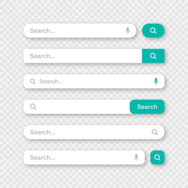 Various search bar templates. Internet browser engine with search box, address bar and text field. UI design, website interface element with web icons and push button. Vector illustration.