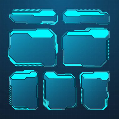 Mavi fütüristik HUD ya da UI elementleri. Bilim kurgu kullanıcı arayüzü mesaj kutuları, çağrılar. Uyarı ileti çerçeveleri, bilgi kutuları şablonu. Modern oyun arayüzü düzeni dijital stilde. Vektör illüstrasyonu.