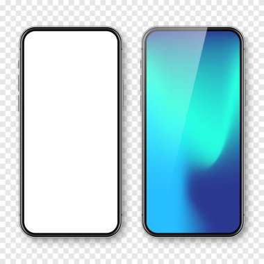 Boş dokunmatik ekranlı akıllı telefon ve soyut renkli arkaplan, duvar kağıdı. Ön görüntüde çerçevesiz cep telefonu var. Yüksek kalite detaylı cihaz modeli. Vektör illüstrasyonu.