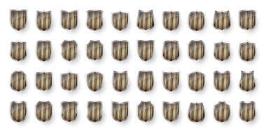 Kalkan simgelerinden oluşan ahşap bir set. Siyah hanedan kalkanları. Koruma ve güvenlik sembolü, etiket. Vektör illüstrasyonu.