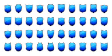 Çeşitli klasik 3D kalkan simgeleri seti. Siyah hanedan kalkanları. Mavi koruma ve güvenlik sembolü, etiket. Vektör illüstrasyonu.