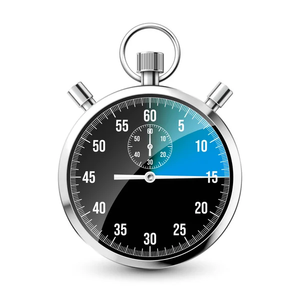 现实的经典秒表 新金属计时器 计时器与刻度盘 蓝色倒计时显示分分秒秒 运动时间的测量 开始和结束 矢量说明 — 图库矢量图片