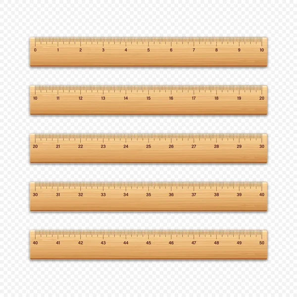 Realistic Various Wooden Rulers Measurement Scale Divisions Measure Marks School — Stock Vector