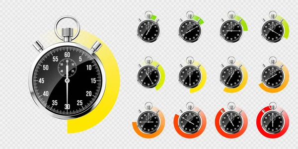 Realistiskt Klassiskt Stoppur Glänsande Metallkronometer Svart Tidsräknare Med Urtavla Färgglada — Stock vektor