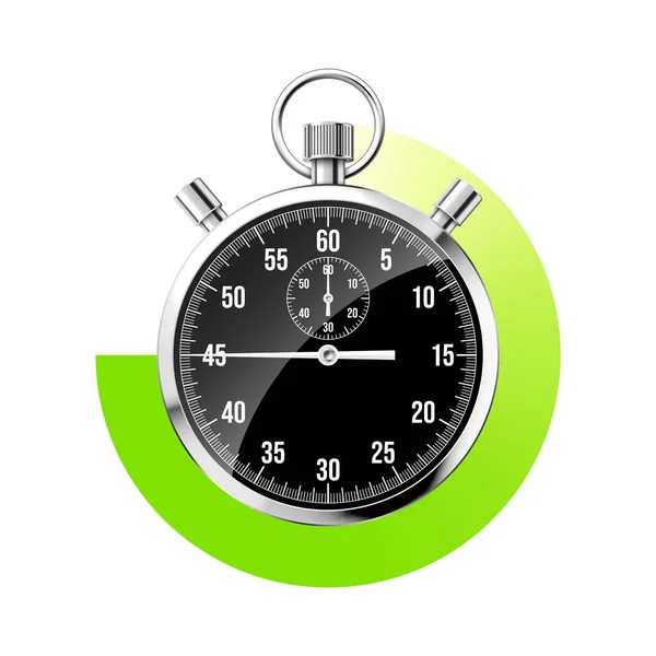 现实的经典秒表 新金属计时器 黑色计时器与刻度盘 绿色倒计时显示分钟 运动时间的测量 开始和结束 矢量说明 — 图库矢量图片