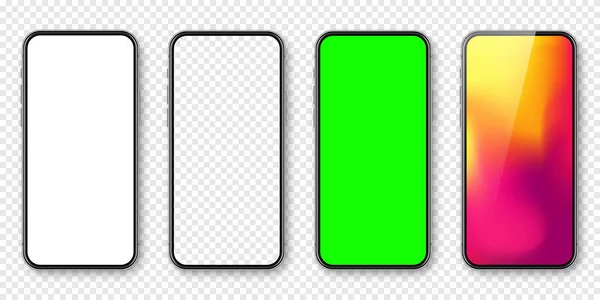 智能手机与空白触摸屏和抽象彩色墙纸 绿色彩色键背景 无框手机出现在眼前 高质量的详细设备模型 矢量说明 — 图库矢量图片