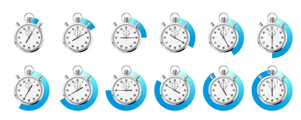 Realistyczny Klasyczny Stoper Błyszczący Metalowy Chronometr Licznik Czasu Tarczą Niebieski — Wektor stockowy
