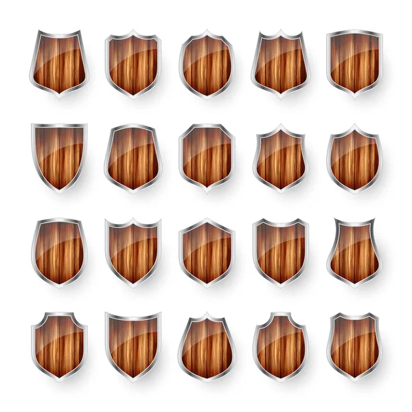 木製のヴィンテージシールドアイコンのセット 黒の紋章の盾 保護とセキュリティのシンボル ラベル ベクターイラスト — ストックベクタ