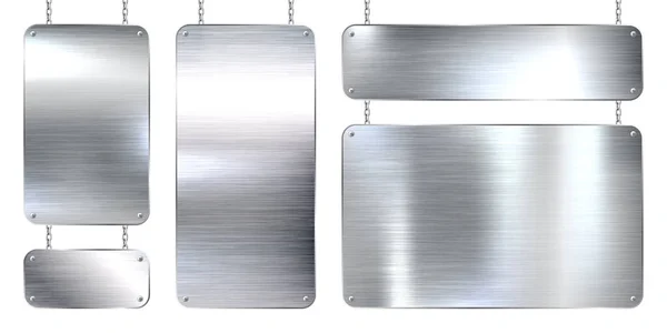 Zincirde Asılı Metal Pankartlar Gerçekçi Parlak Vidalı Çelik Bir Plaka — Stok Vektör