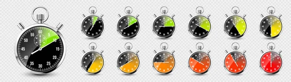 Realistyczny Klasyczny Stoper Błyszczący Metalowy Chronometr Licznik Czasu Tarczą Kolorowy — Wektor stockowy