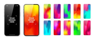 Boş dokunmatik ekranlı akıllı telefon ve soyut renkli arkaplan, duvar kağıdı. Ön görüntüde çerçevesiz cep telefonu var. Yüksek kalite detaylı cihaz modeli. Vektör illüstrasyonu.