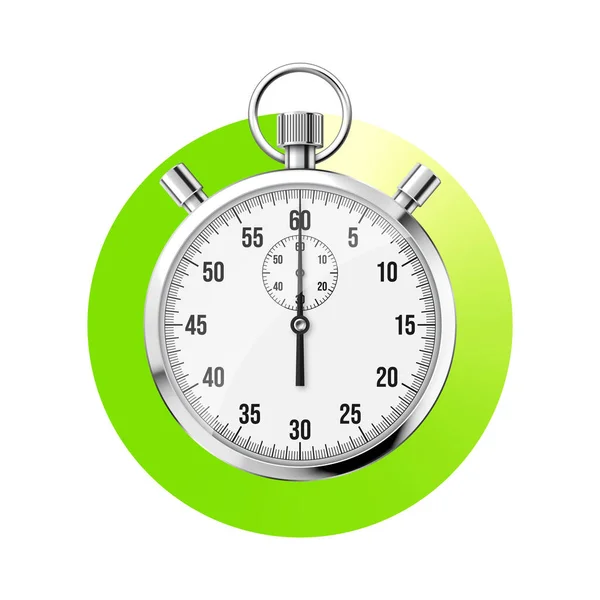 现实的经典秒表 新金属计时器 计时器与刻度盘 绿色倒计时显示分分秒秒 运动时间的测量 开始和结束 矢量说明 — 图库矢量图片