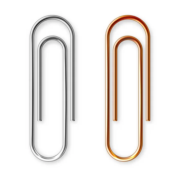 Realistic Copper Steel Paperclips Attached Paper Isolated White Background Shiny — Stock Vector