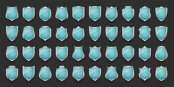 Set Icone Scudo Vetro Vintage Scudi Araldici Blu Simbolo Protezione — Vettoriale Stock