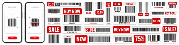 Produkt Barcodes Smartphone Anwendung Scanner App Verkauf Von Aufklebern Rabattaufklebern — Stockvektor