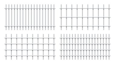 Beyaz arka planda izole edilmiş çeşitli parlak metal parmaklıklar. Gerçekçi detaylı hapishane kafesi, demir parmaklıklar. Sabıka kaydı. Vektör illüstrasyonu.