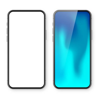 Boş dokunmatik ekranlı akıllı telefon ve soyut renkli arkaplan, duvar kağıdı. Ön görüntüde çerçevesiz cep telefonu var. Yüksek kalite detaylı cihaz modeli. Vektör illüstrasyonu.