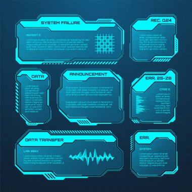 Mavi fütüristik HUD ya da UI elementleri. Bilim kurgu kullanıcı arayüzü mesaj kutuları, çağrılar. Uyarı ileti çerçeveleri, bilgi kutuları şablonu. Modern oyun arayüzü düzeni dijital stilde. Vektör illüstrasyonu.