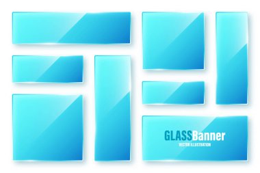 Realistic isolated glass frames collection. Blue transparent glass banners with flares and highlights. Glossy acrylic plate, element with light reflection and place for text. Vector illustration.