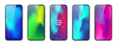 Dokunmatik ekranlı akıllı telefon ve soyut renkli arkaplan, duvar kağıdı. Ön görüntüde çerçevesiz cep telefonu var. Yüksek kalite detaylı cihaz modeli. Vektör illüstrasyonu.