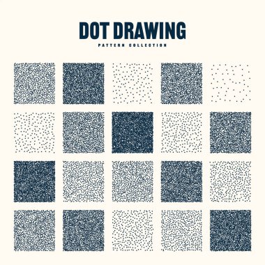 Square shaped dotted objects, vintage stipple elements. Stippling, dotwork drawing, shading using dots. Halftone effect. White noise grainy texture, pattern. Vector illustration.