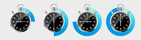 现实的经典秒表 新金属计时器 黑色计时器与刻度盘 蓝色倒计时显示分分秒秒 运动时间的测量 开始和结束 矢量说明 — 图库矢量图片