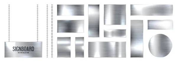 Zincirde Asılı Metal Pankartlar Gerçekçi Parlak Vidalı Çelik Bir Plaka — Stok Vektör