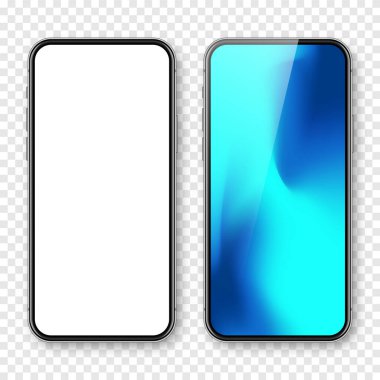 Boş dokunmatik ekranlı akıllı telefon ve soyut renkli arkaplan, duvar kağıdı. Ön görüntüde çerçevesiz cep telefonu var. Yüksek kalite detaylı cihaz modeli. Vektör illüstrasyonu.