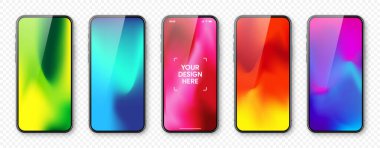 Dokunmatik ekranlı akıllı telefon ve soyut renkli arkaplan, duvar kağıdı. Ön görüntüde çerçevesiz cep telefonu var. Yüksek kalite detaylı cihaz modeli. Vektör illüstrasyonu.