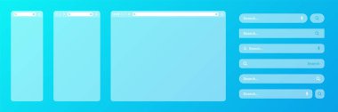 Çeşitli arama çubuğu şablonlarına sahip boş saydam internet tarayıcı penceresi. Arama kutusu, adres çubuğu ve metin alanı olan web sitesi motoru. UI tasarımı, web sitesi arayüzü elemanları. Vektör illüstrasyonu.