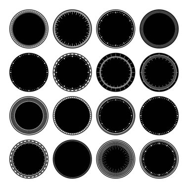 Mekanik saat yüzleri, bezel. Dakika ve saat işaretli yuvarlak arama. Zamanlayıcı ya da kronometre elemanı. Boş ölçüm çemberi ölçeği ve bölünmeler. Vektör illüstrasyonu