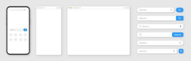 Akıllı telefon, boş internet tarayıcı penceresi ve çeşitli arama çubuğu şablonları. Arama kutusu, adres çubuğu ve metin alanı olan web sitesi motoru. UI tasarımı, web sitesi arayüzü elemanları. Vektör illüstrasyonu.