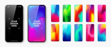 Boş dokunmatik ekranlı akıllı telefon ve soyut renkli arkaplan, duvar kağıdı. Ön görüntüde çerçevesiz cep telefonu var. Yüksek kalite detaylı cihaz modeli. Vektör illüstrasyonu.