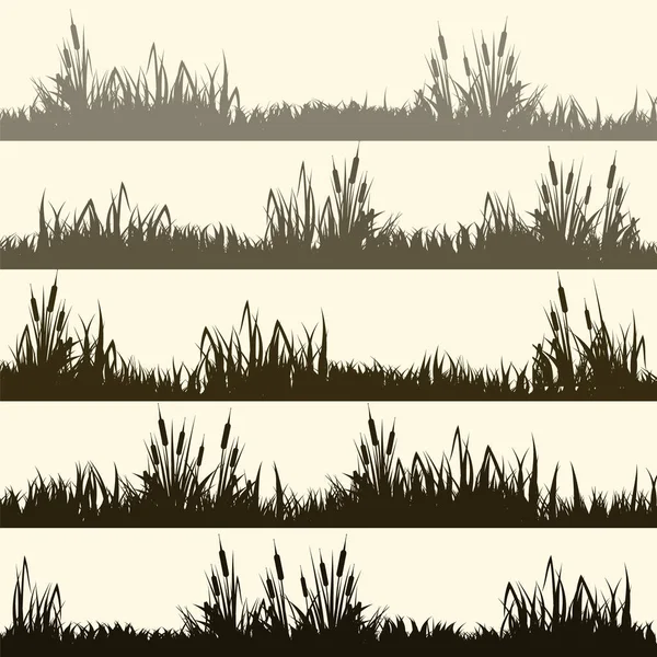 Лугові Силуети Травою Рослини Рівнині Панорамний Літній Ландшафт Травами Різними — стоковий вектор