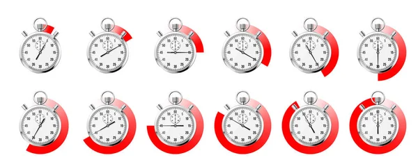 现实的经典秒表 新金属计时器 计时器与刻度盘 红色倒计时显示分分秒秒 运动时间的测量 开始和结束 矢量说明 — 图库矢量图片