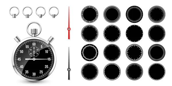 经典的钟表与时钟脸 新金属计时器 计时器与刻度盘 倒计时显示分分秒秒 运动时间的测量 开始和结束 矢量说明 — 图库矢量图片