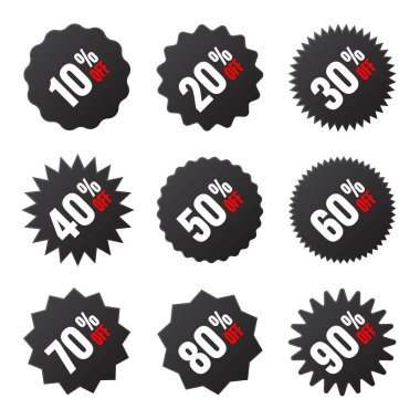 Fiyat etiketleri tahsilatı, özel teklif ya da indirimli indirim etiketi, indirimli yüzde değeri. Siyah, kağıt etikete dönüştü. Promosyon satış rozeti. Vektör illüstrasyonu.