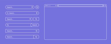 Boş web tarayıcısı, araç çubuğu ve arama çubuğu olan internet sayfası penceresi, alan. Modern web sitesi düz stil, çizgi sanatı. Bilgisayar, tablet ve akıllı telefon için tarayıcı modeli. Vektör illüstrasyonu.