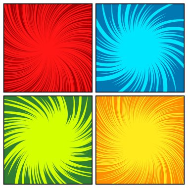 Renkli çarpık çizgi roman ışınları, çizgiler. Hareketli çizgi roman arka planı, hız çizgileri. Pop sanatsal elementler. Vektör illüstrasyonu.