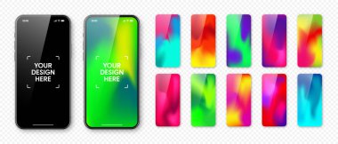 Boş dokunmatik ekranlı akıllı telefon ve soyut renkli arkaplan, duvar kağıdı. Ön görüntüde çerçevesiz cep telefonu var. Yüksek kalite detaylı cihaz modeli. Vektör illüstrasyonu.