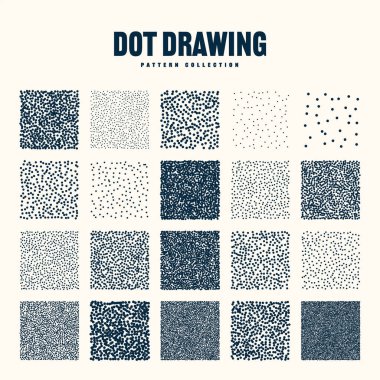 Square shaped dotted objects, vintage stipple elements. Stippling, dotwork drawing, shading using dots. Halftone effect. White noise grainy texture, pattern. Vector illustration.