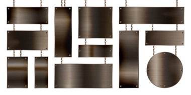Zincirde asılı metal pankartlar. Gerçekçi, parlak, vidalı çelik bir plaka. Cilalanmış paslı metal yüzey. Vektör illüstrasyonu.