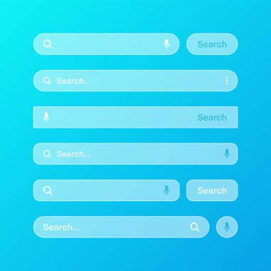 Çeşitli şeffaf arama çubuğu şablonları. Arama kutusu, adres çubuğu ve metin alanı olan internet tarayıcı motoru. Kullanıcı tasarımı, web arayüzü ögesi web simgeleri ve düğmeye basın. Vektör illüstrasyonu.