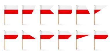 Polonya kürdan bayrakları. Polonya 'dan bir hatıra. Kağıt bayraklı tahta kürdanlar. Yer belirleyici, harita işaretleyici. Reklam ve promosyonlar için boş bir model. Vektör illüstrasyonu.