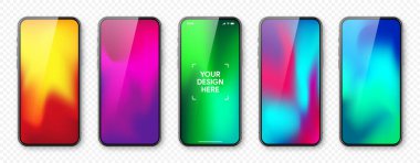 Dokunmatik ekranlı akıllı telefon ve soyut renkli arkaplan, duvar kağıdı. Ön görüntüde çerçevesiz cep telefonu var. Yüksek kalite detaylı cihaz modeli. Vektör illüstrasyonu.