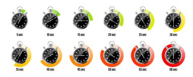 Gerçekçi klasik kronometre. Parlak metal kronometre, çevirmeli siyah zaman sayacı. Renkli geri sayım zamanlayıcısı dakikaları, saniyeleri gösteriyor. Spor için zaman ölçümü, başlangıç ya da bitiş. Vektör illüstrasyonu.