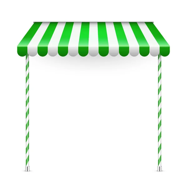スタンドホルダー付きグリーンショップサンシェード 本物の縞模様のカフェのオーニング 屋外市場テント 屋根のキャノピー サマーストリート店 ベクターイラスト — ストックベクタ