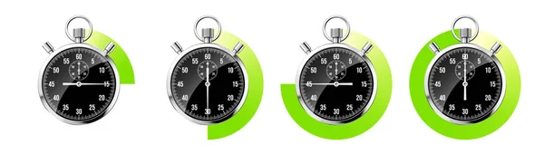 Realistische Klassische Stoppuhr Glänzender Metallischer Chronometer Schwarzer Zeitzähler Mit Zifferblatt — Stockvektor