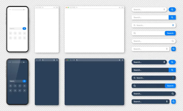 Stock vector Smartphone, blank internet browser window with various search bars. Web site engine with search box, address bar and text field. UI design, website interface. Dark, light modes. Vector illustration.